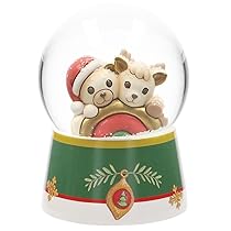THUN – Boule de Neige con Teddy e Renna Robin con Arcobaleno in Resina, Ceramica e Vetro, Versione Grande, Linea Desideri di Natale, 10 cm