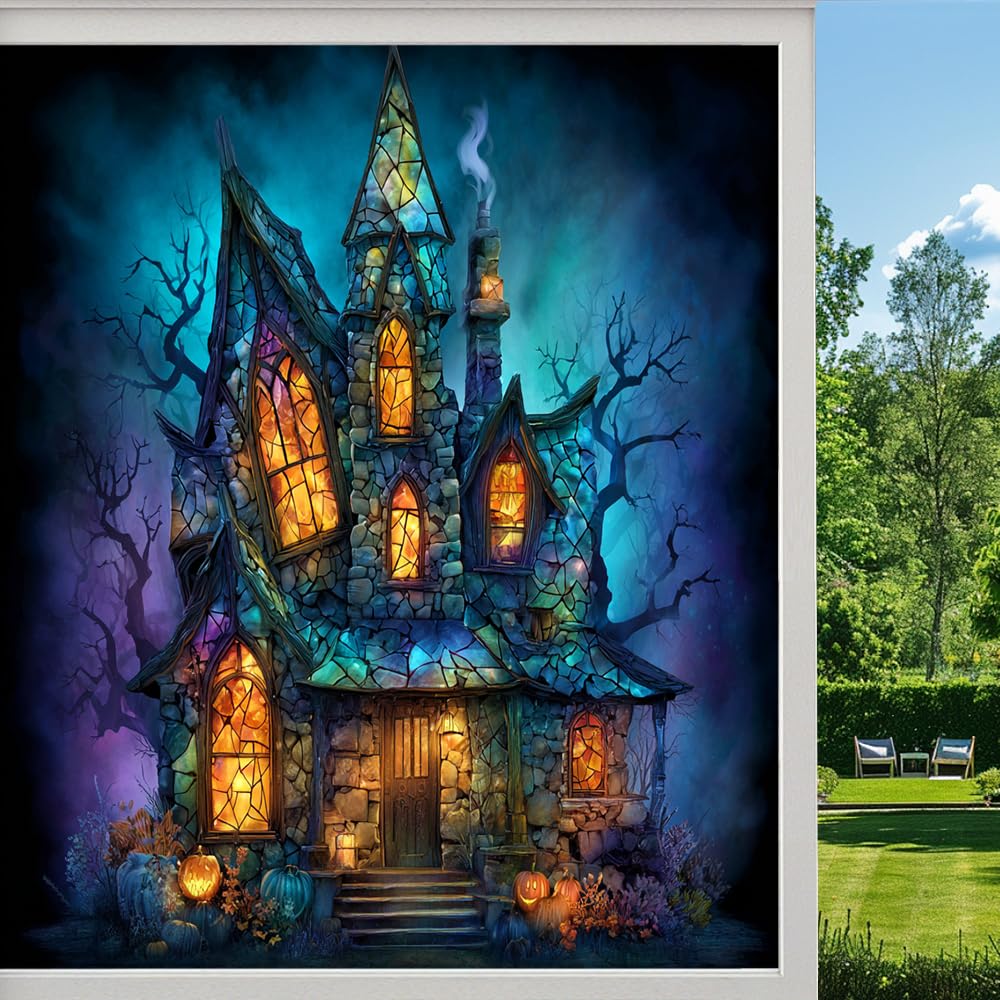 Halloween Cottage Privacy Window Film, Mysterious Witch House Frosted Self-Adhesive Vinyl Cling for Glass Doors Bathroom Windows Sun Blocking Heat Control,（55x80cm）