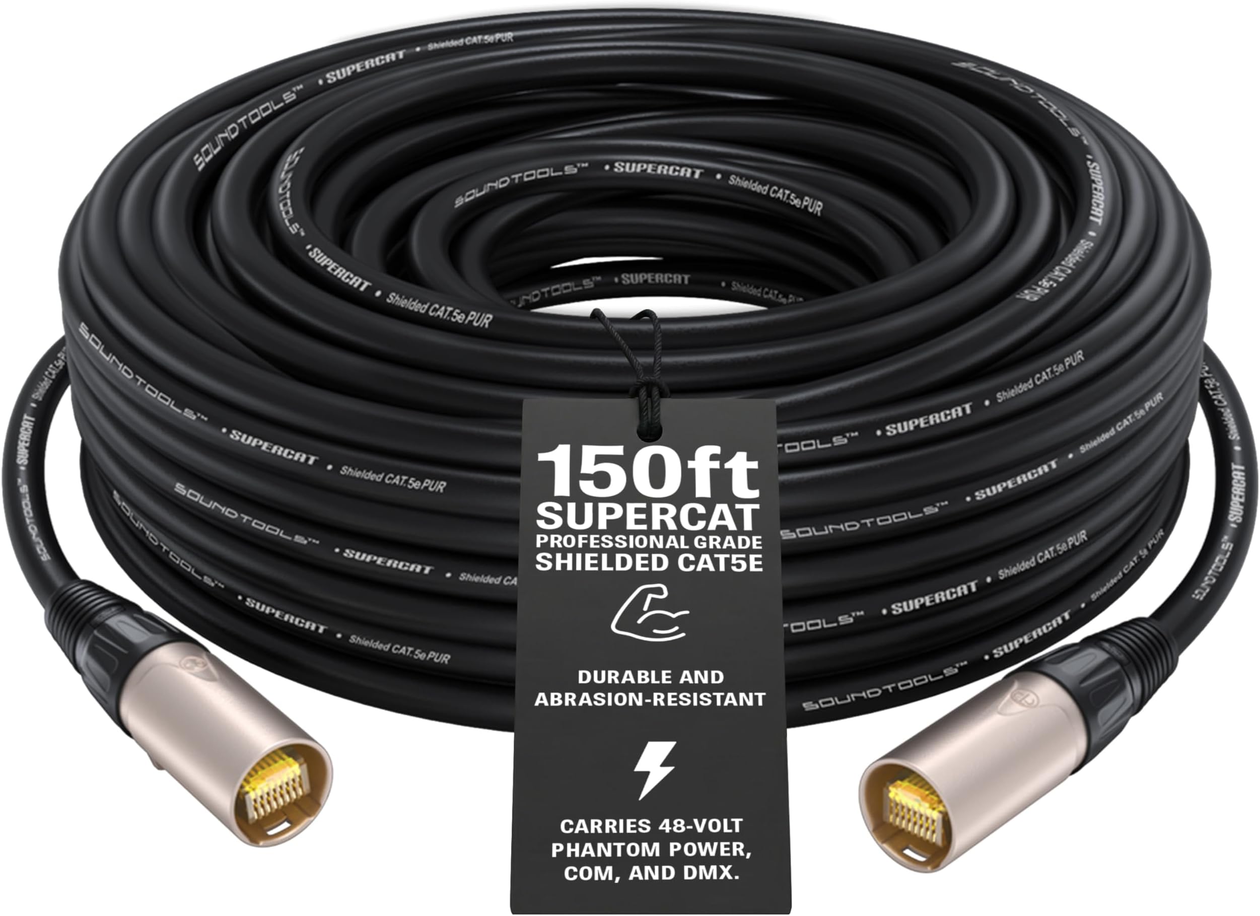 Sound Tools SuperCAT Professional Grade Shielded CAT5e etherCON Cable – High-Speed Ethernet Cable with 6Gbps Data Transfer – Flexible Polyurethane Jacket & Neutrik Connectors (150 feet, Black)
