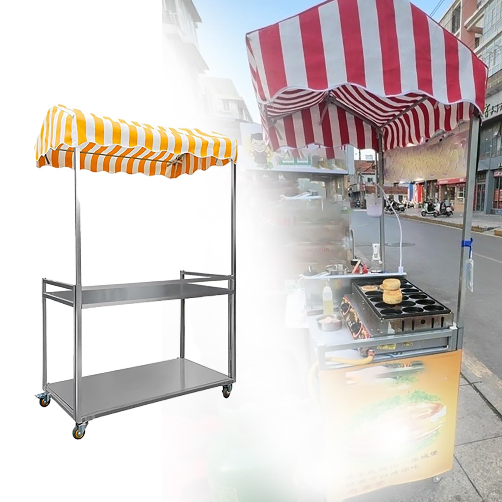 Carrello per snack con rolling, per hot dog e gelati, a 2 livelli, con serratura, pieghevole, carrello di servizio per venditori di alimenti, attrezzature mobili per catering (giallo)