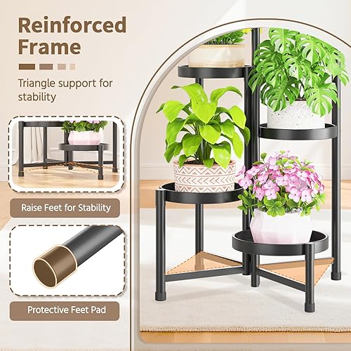 Miniatura 4 de LASZOLA Soporte de plantas de 5 niveles plegable alto para interior con múltiples macetas grandes, estante de flores ajustable de metal resistente