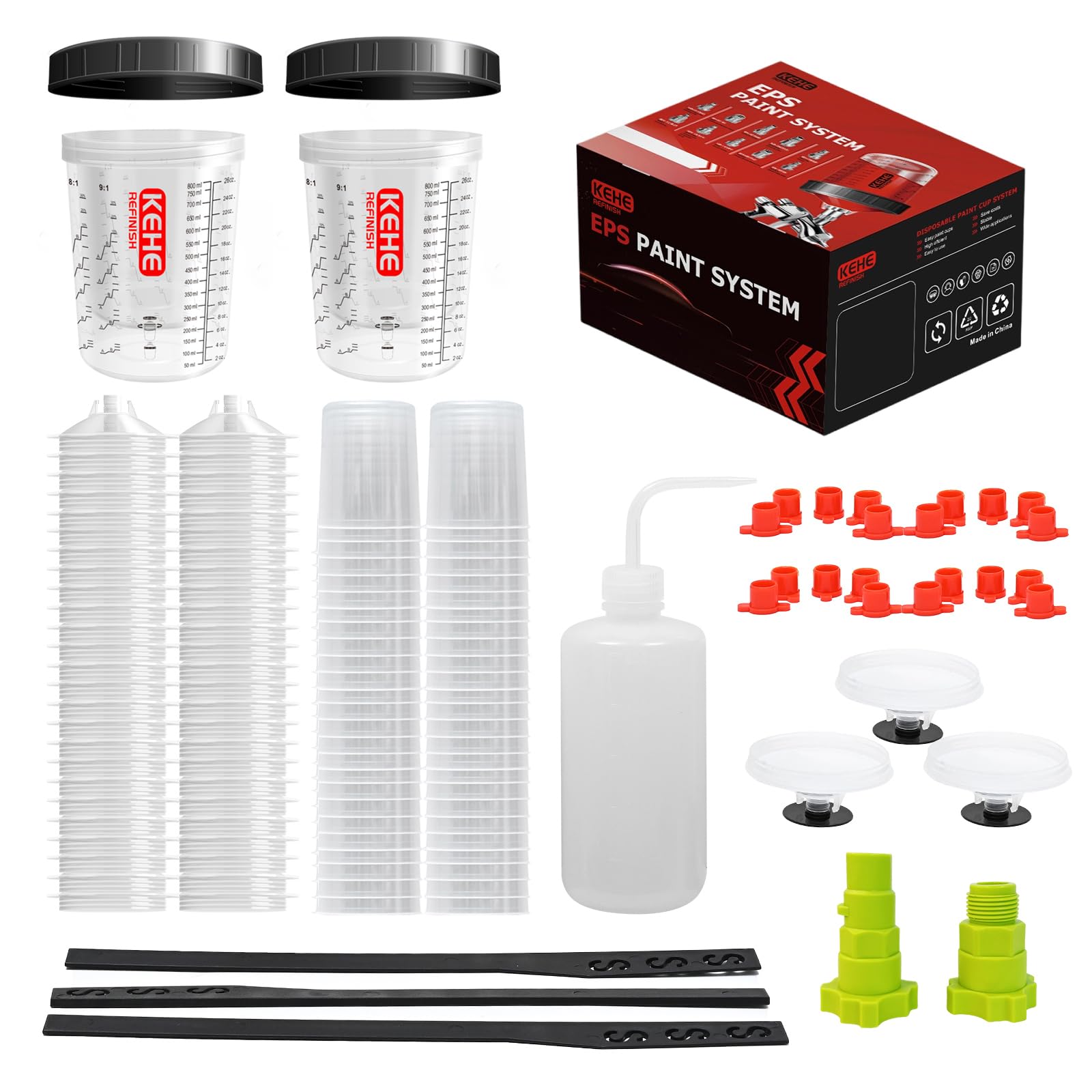 Disposable Paint Cups for Spray Gun,Mixing Cups 26 Ounce (800ml) Kit with 50 Cups and Lids with Strainer System for HVLP&amp;LVLP,2 Hard Cups with Retainer Ring,20 Plugs,3 Caps,2 Adapters,1 Wash Bottle