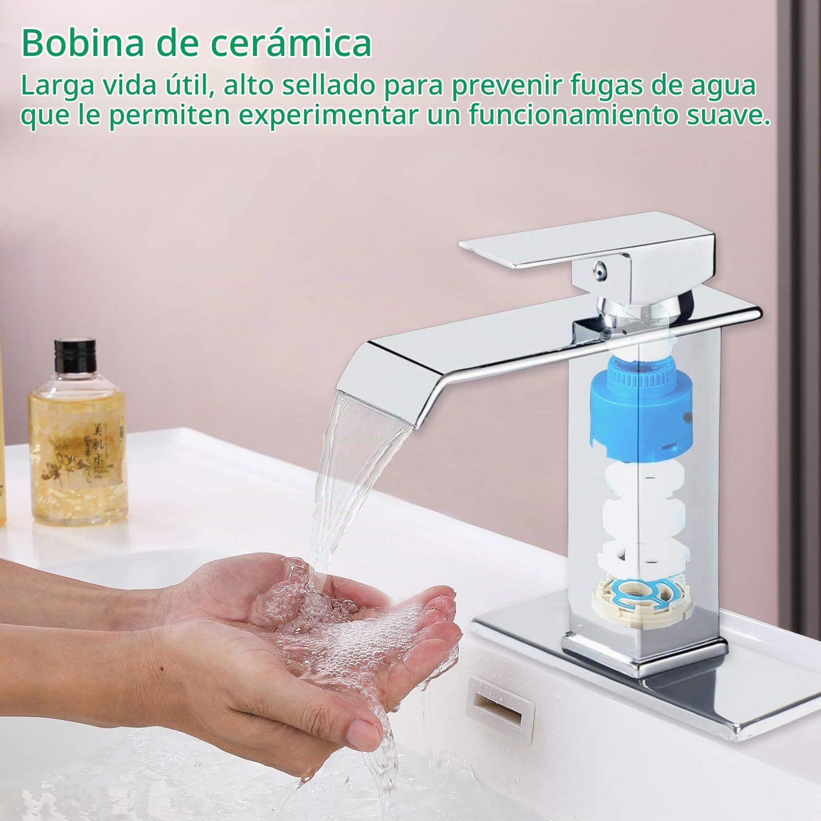 Grifo Lavabo de Cascada en Acero Inoxidable Plateado | Grifos para Lavabos con Cartuchos Cerámicos Grifo Lavabo Cascada Ahorro de Energía Grifos Monomando de Doble Mando Frío-Calor