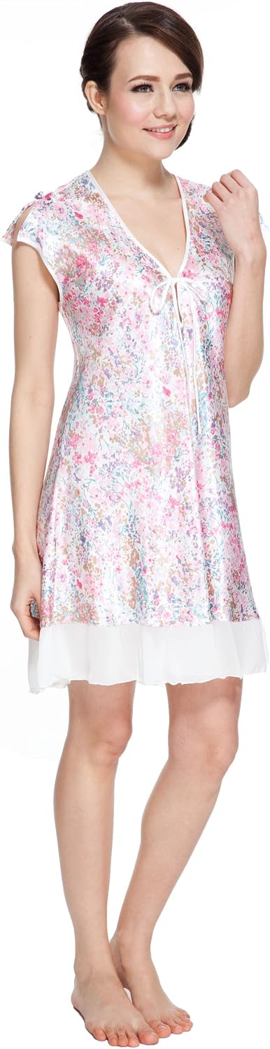 Lavenderi Women's Sleeveless Nightgown Silky Nightdress Printed Satin Sleepwear