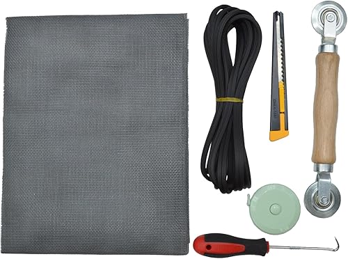 Kit de reparación de malla ajustable de fibra de vidrio negro de 39 x 59 pulgadas con estrías de 20 pies y rodillos de repuesto para patio, porche,