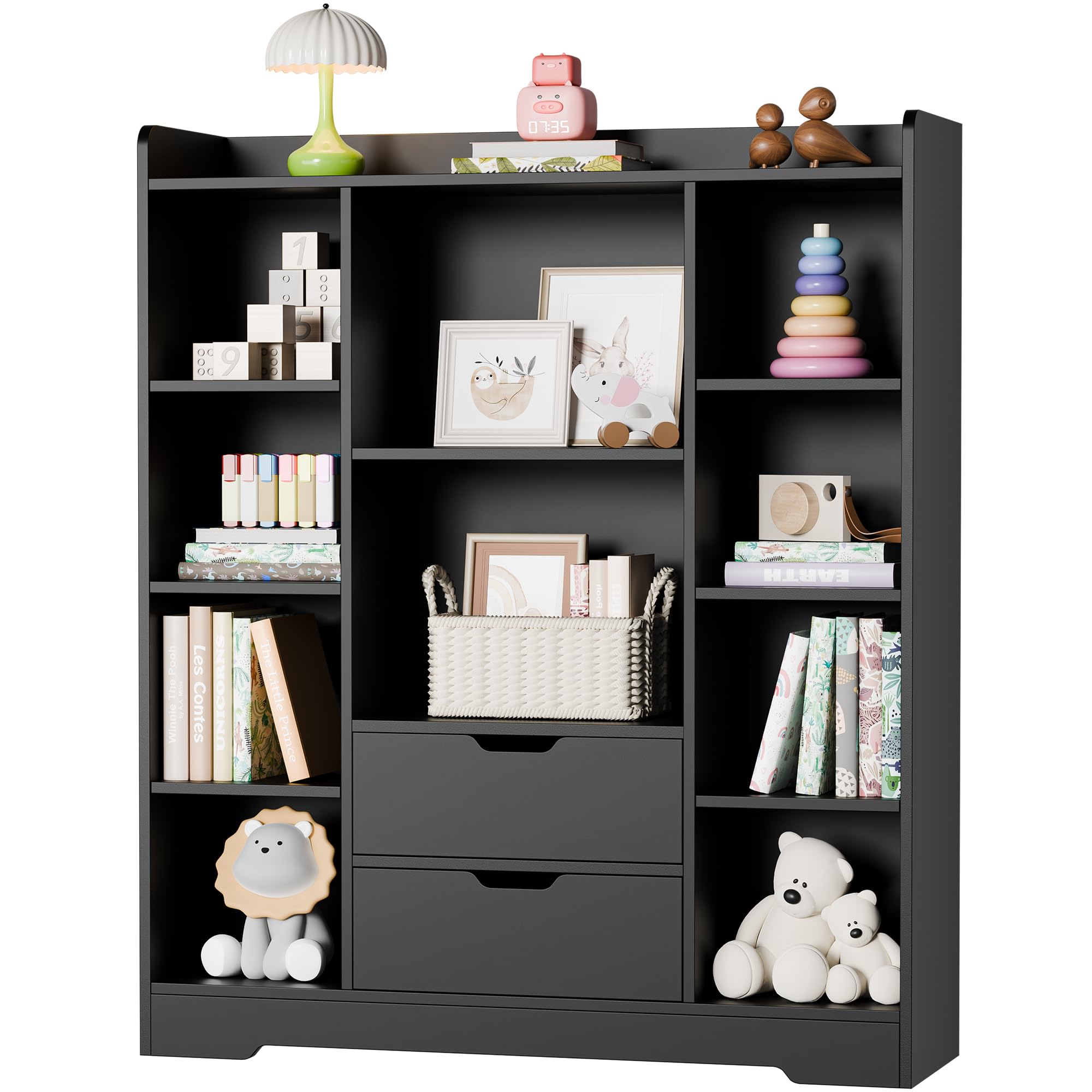 Cozy Castle Kids Bookshelf with Storage, 4-Tier Bookcase with 2 Drawers and 10 Cubes Storage Organizer for Bedroom, Playroom, Hallway, Living Room (Black)