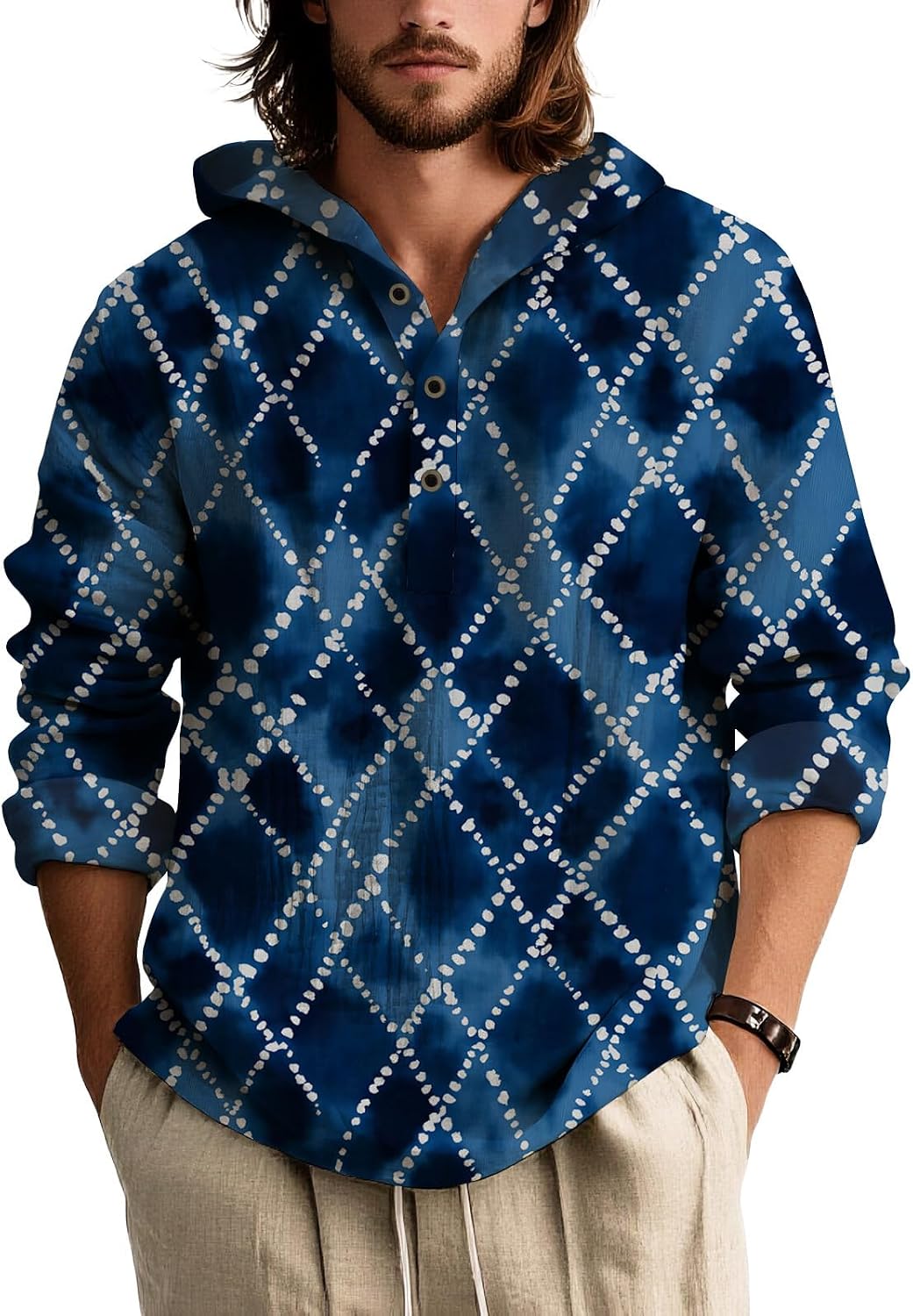 Men's Hooded Button Up Shirt Retro Graphic Long Sleeve Casual Summer Hawaiian Shirt Tops for Beach Vacation