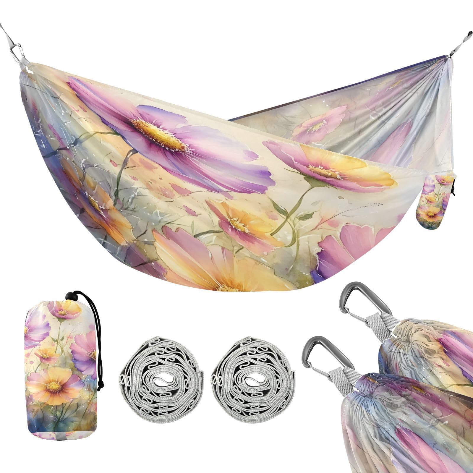 ATTX Watercolor Wildflowers Camping Hammock - Lightweight & Portable Hammocks, Heavy Duty 330lbs Capacity for Indoor, Hiking, Backpacking, Travel, Backyard, Beach#93