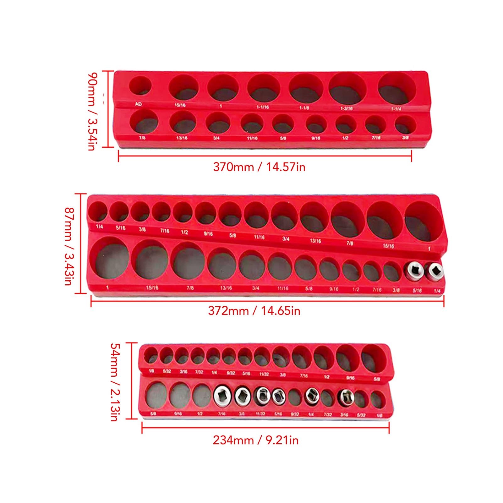 Organizzatore Portaprese Magnetico 3 Pezzi con Vassoio Portaoggetti, Bussole in Plastica 1/4 3/8 1/2 Pollice, Set 68 Pezzi per Cassetta Attrezzi - Grande Capacità