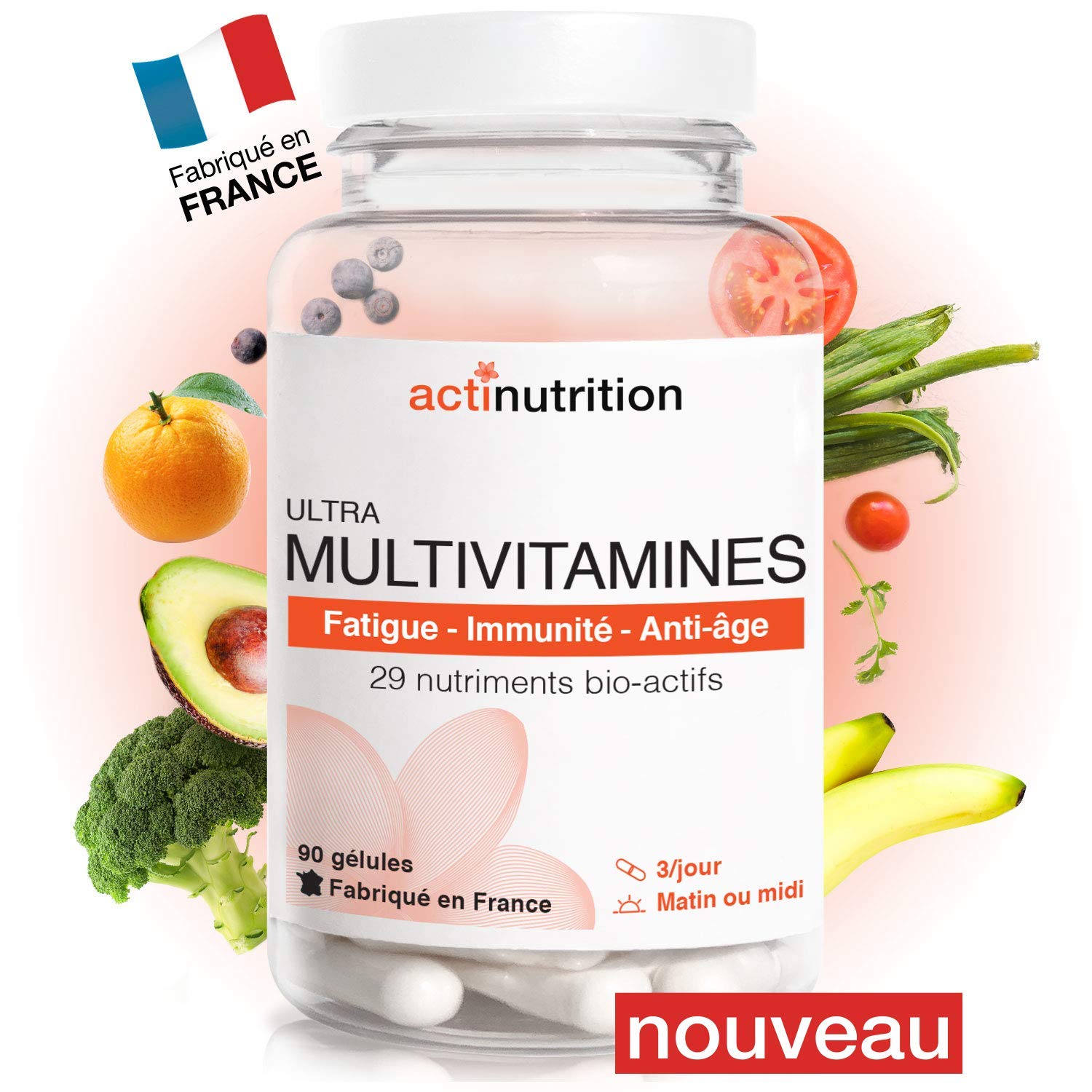 ULTRA Multivitamines | 29 Nutriments Bio-Actifs | Complexe B - B1, B2, B3, B5, B6, B7, B8 (Biotine), B9 (Acide Folique), B12 | Vitamines C & D | Vitalité & Immunité | 90 Gélules | Fabriqué en France