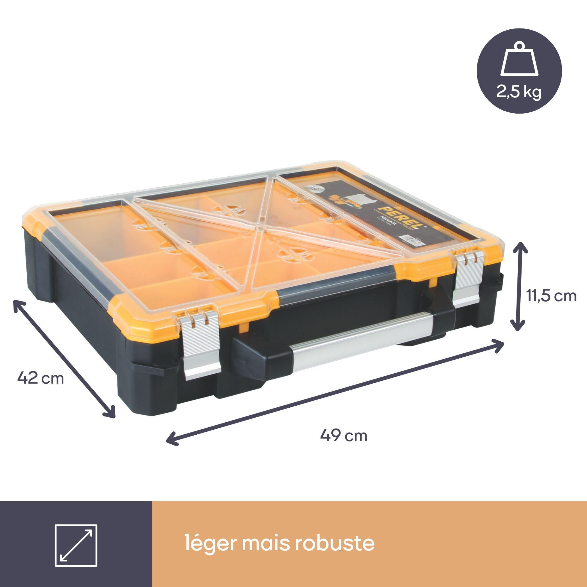 Perel Boîte d’assortiment, mallette de rangement en plastique avec 12 bacs amovibles, couvercle transparent, empilable, poignée et fermetures en aluminium, pour vis écrous clous et petites pièces