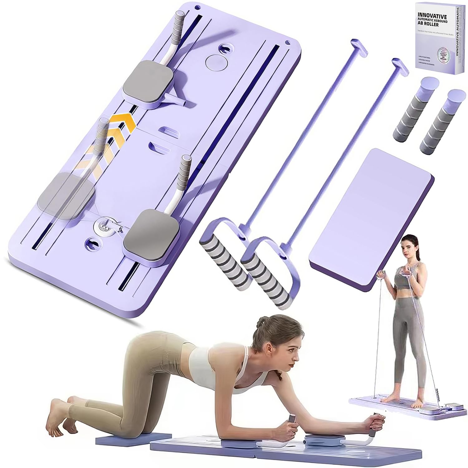 Foldable Pilates Reformer Set, Multifuctional Pilates Board ab Roller Exercise Wheel with Elbow Support and Resistance Bands, Reformer Pilates Machine Abdominal Board Workout Equipment for Home blue