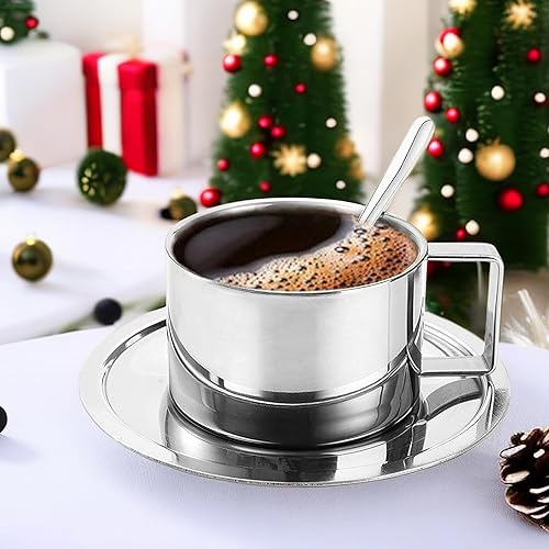 Juego de 3 tazas de café aisladas de acero inoxidable 304 tazas de doble pared, taza de té con leche con platillo y cuchara (traje de doble capa