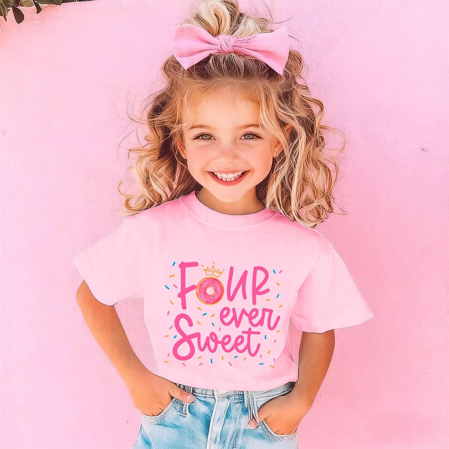 Girls Birthday Shirts 4th Four Ever Sweet T-Shirts Crown Donut Birthday Outfit 4 Years Old Tees B-Day Party Tops