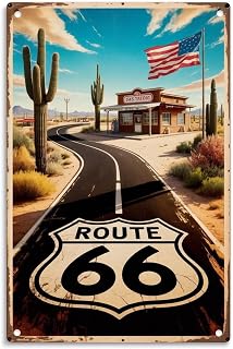 Route 66 Retro Vintage American Highway Gas Station Metal Sign Print Aesthetic Room Decoration for Home Bedroom Kitchen Bar Dorm Bathroom Wall Decor 8 X 12 Inch
