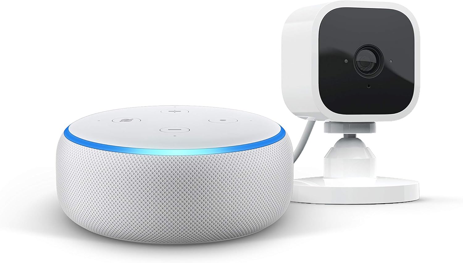 Echo Dot (3rd Gen), Sandstone Fabric + Blink Mini Camera, Works with