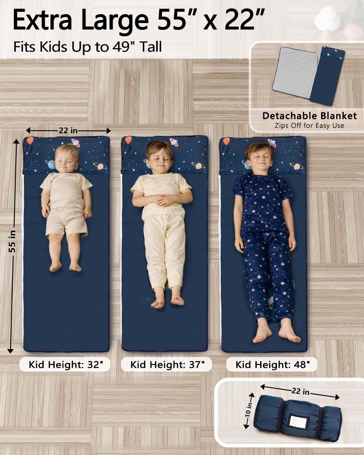 Primlect Toddler Nap Mat with Detachable Blanket and Removable Pillow, Kids Sleeping Bag 55''x35'' for Daycare Preschool Kindergarten, Toddler Sleeping Mat for Boys and Girls