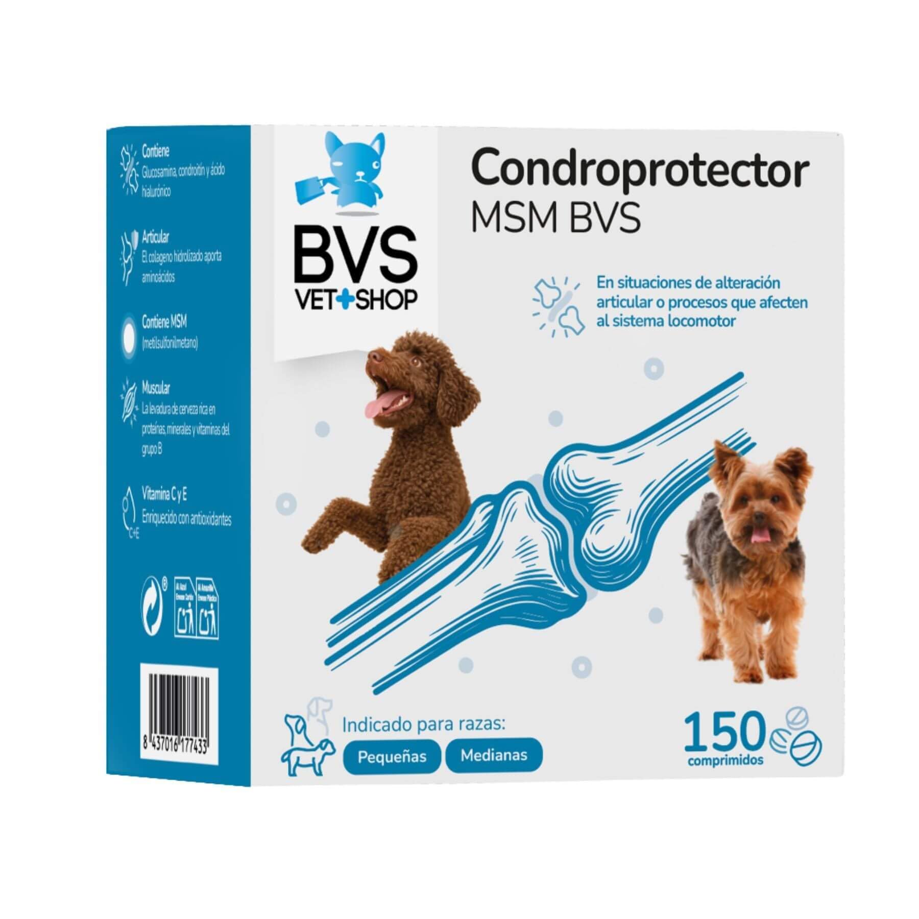 BVS Vet Shop | Condroprotector MSM para Perros | Problemas del Aparato locomotor, Edades avanzadas, sobrepeso o intervenciones quirúrgicas | Razas Pequeñas y Medianas | 150 Comprimidos