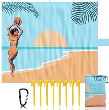 VILLEY Extra Large Waterproof Sandproof Beach Mat 128"x108" for 6-8 Adults, Oversized Beach Blanket with 8 Stakes & 4 Corner Pockets, Outdoor Accessories for Travel, Camping