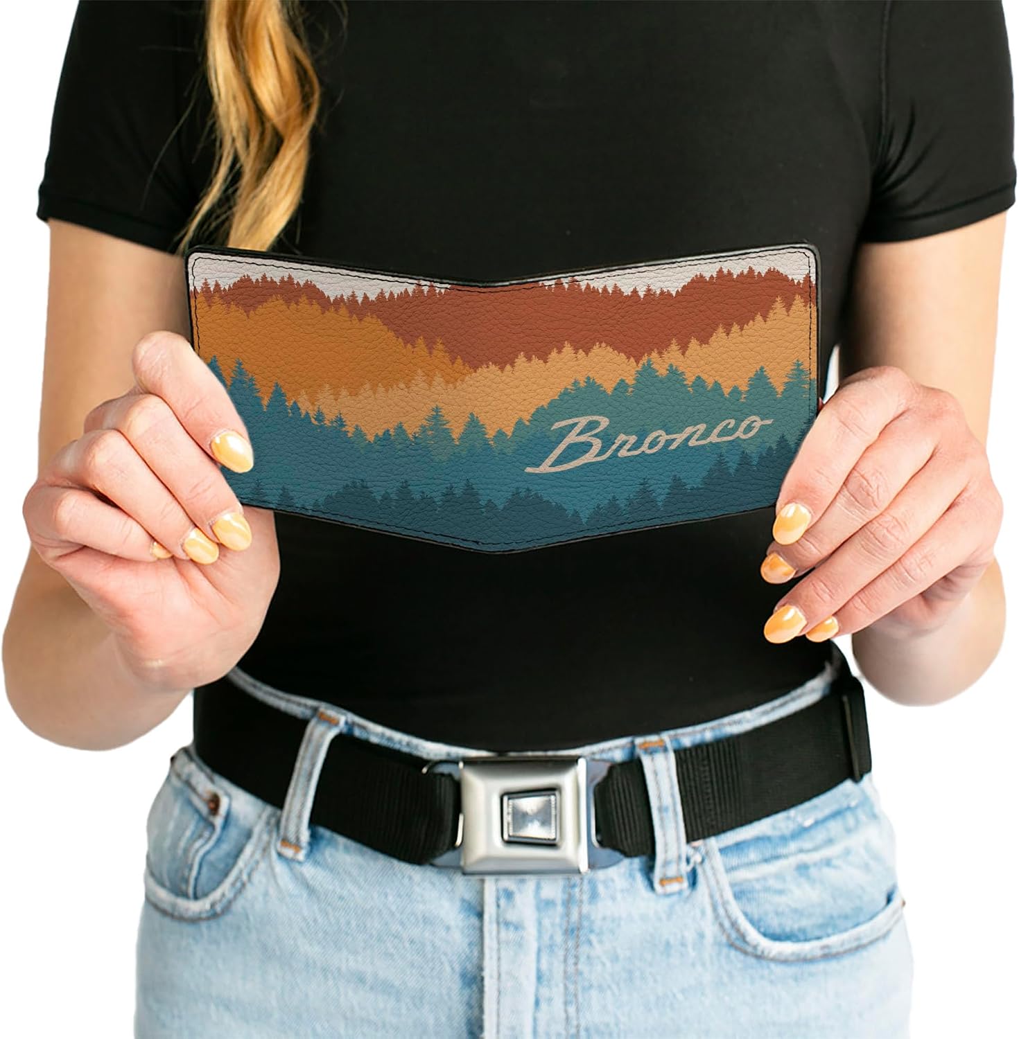 Buckle-Down Ford Wallet, Bifold, Ford Bronco Script Wilderness Orange Blues, Vegan Leather
