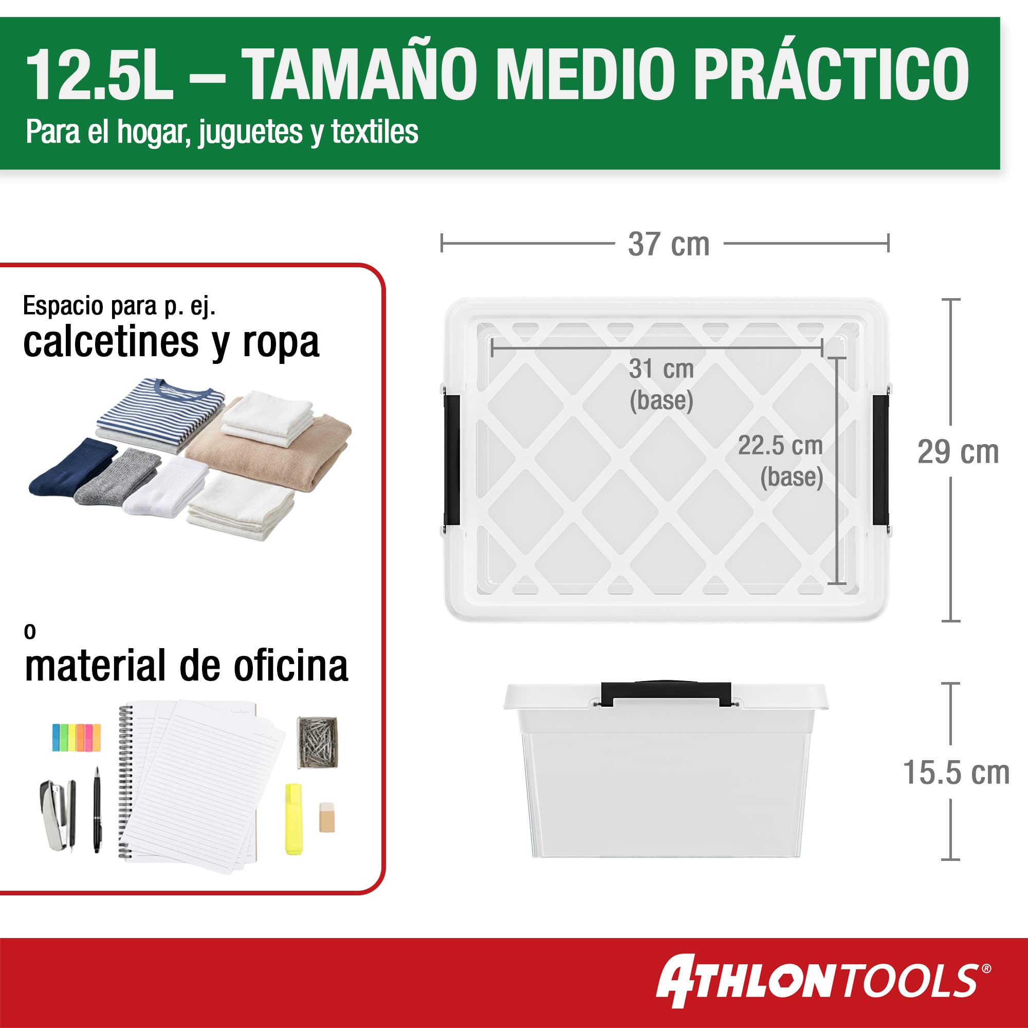 ATHLON TOOLS 4 cajas de almacenamiento de 12.5 L con tapa, aptas para alimentos, clips de cierre, caja de plástico 100% transparente, cajas de ropa apilables