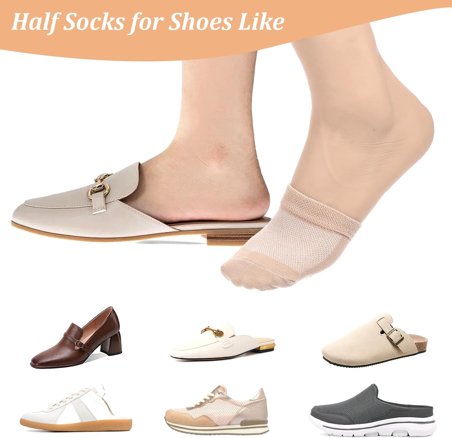 8 Pairs Women's Toe Socks for Mules, Toe Topper Cover Socks, No Show Toe-Covers, Slip-On Toes Toppers Liners, Half Sock for Clog, Flats, High Heels, Sandal and Slippers (Black, White, Gray, Beige)