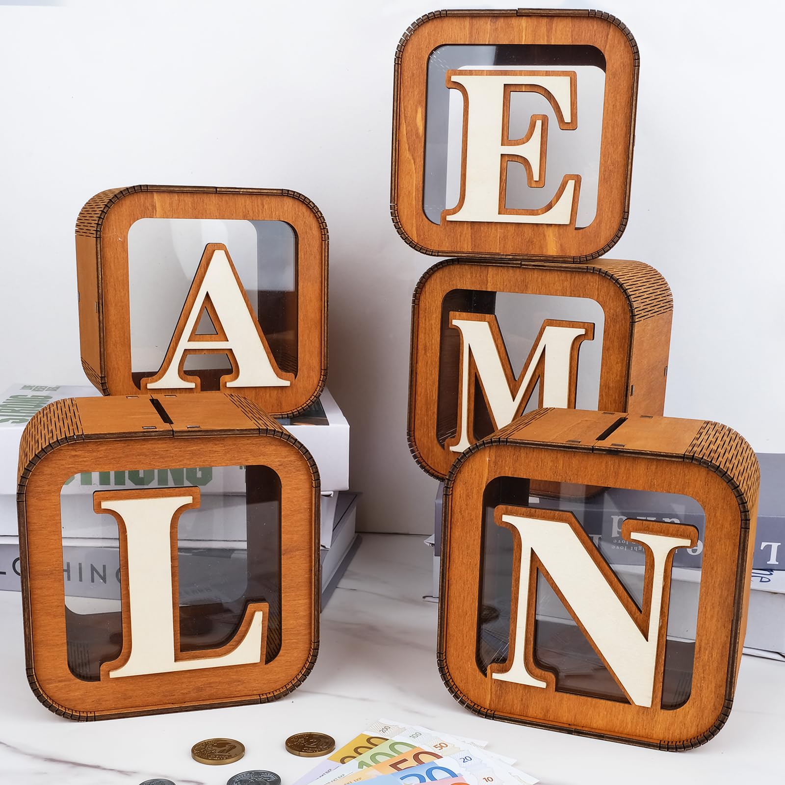Spardose Personalisierte für Kinder, A-Z Alphabet Sparbüchse Holz Spardose, Dekoration Kreative groß Sparschwein als Geschenke für Junge, Mädchen, Erwachsene, Geburtstag (L)