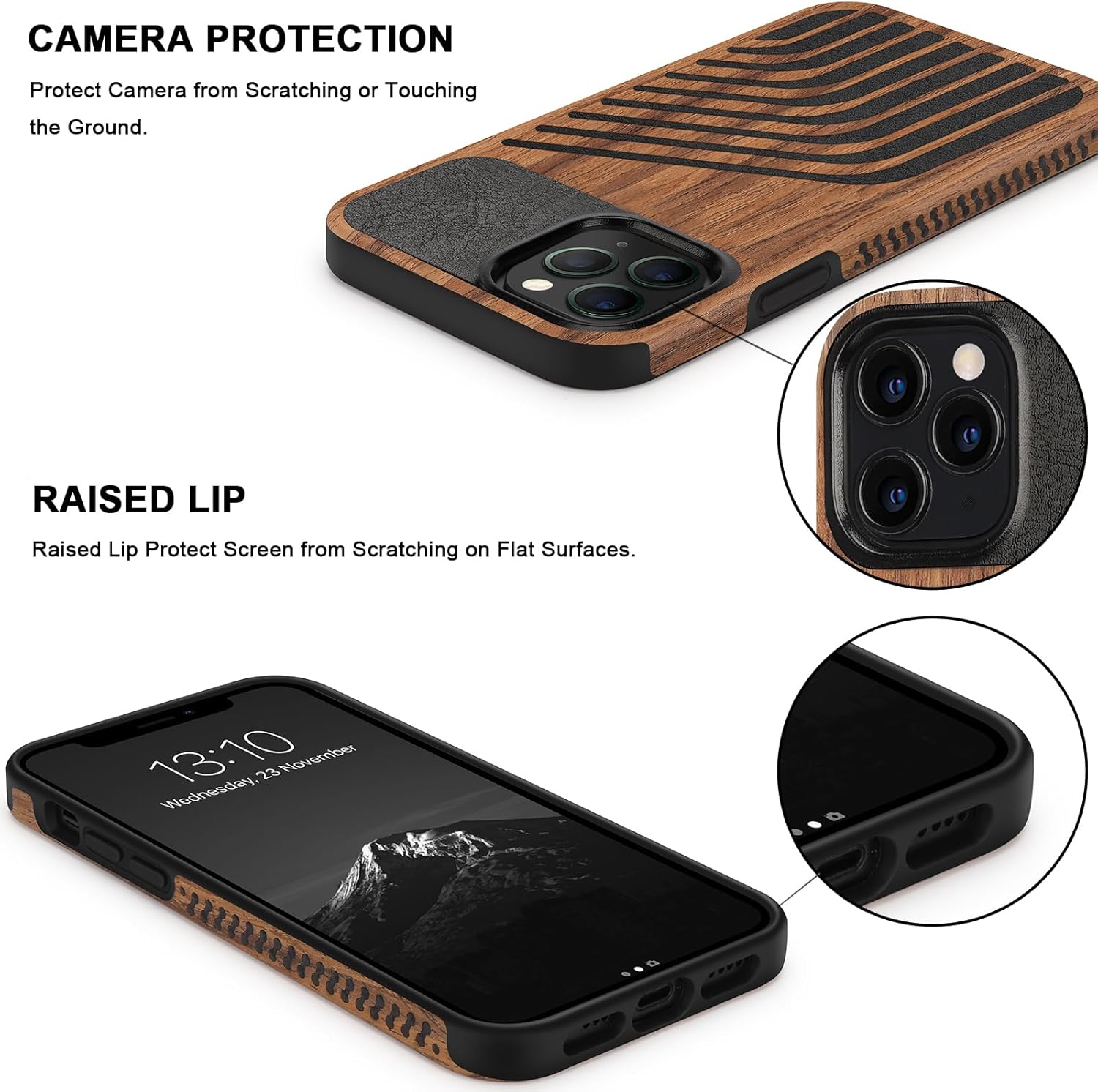 TENDLIN Compatible with iPhone 12 Pro Max Case Wood Grain with Carbon Fiber Texture Design Leather Hybrid Slim Case (Hairline) - Image 4