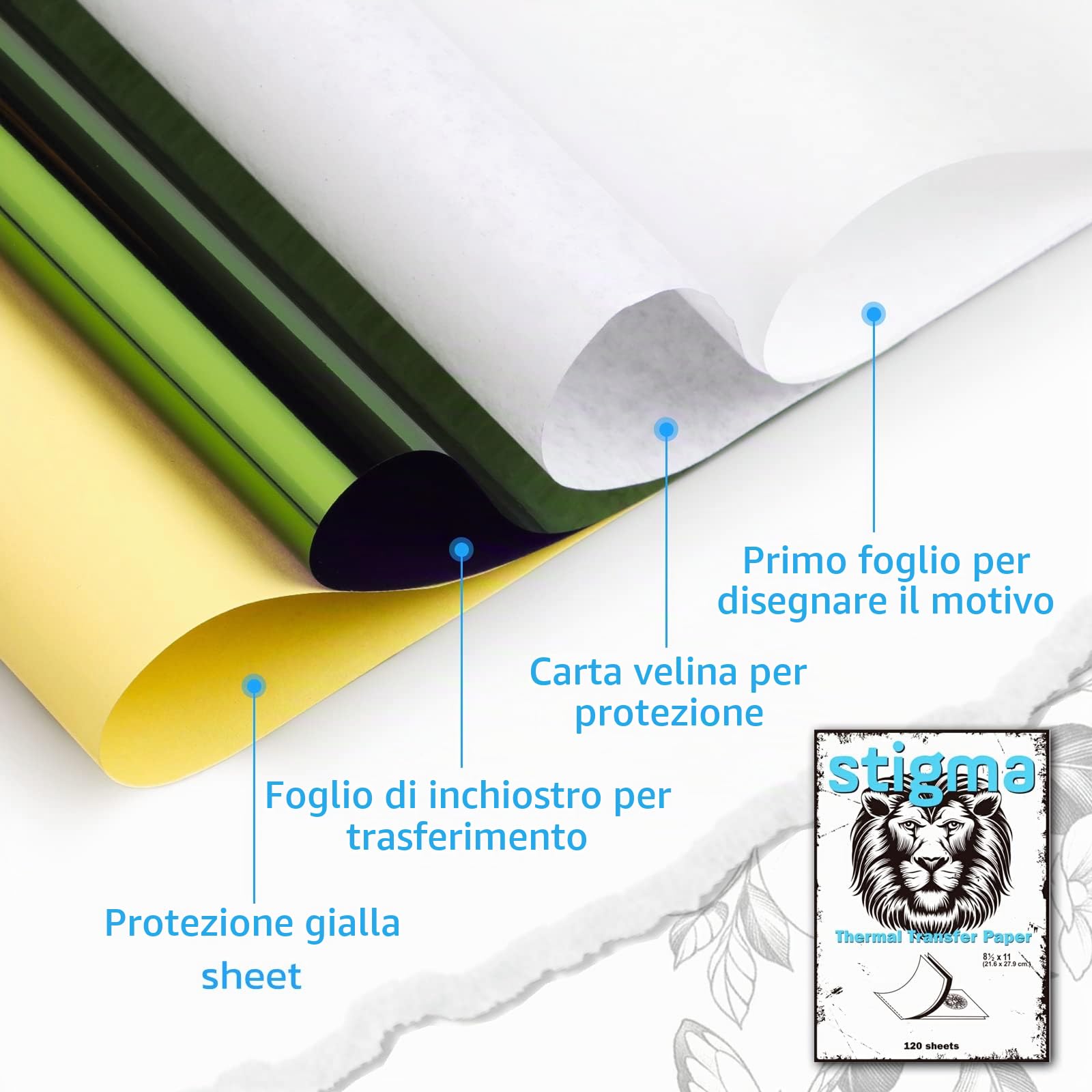 STIGMA 120 Pz Carta per Trasferimento Tatuaggi 4 Strati 8,3" x 11,8" Carta per Stencil per Tatuaggi Formato A4 Carta per Stencil per Tatuaggi Carta per Trasferimento Tatuaggi T209