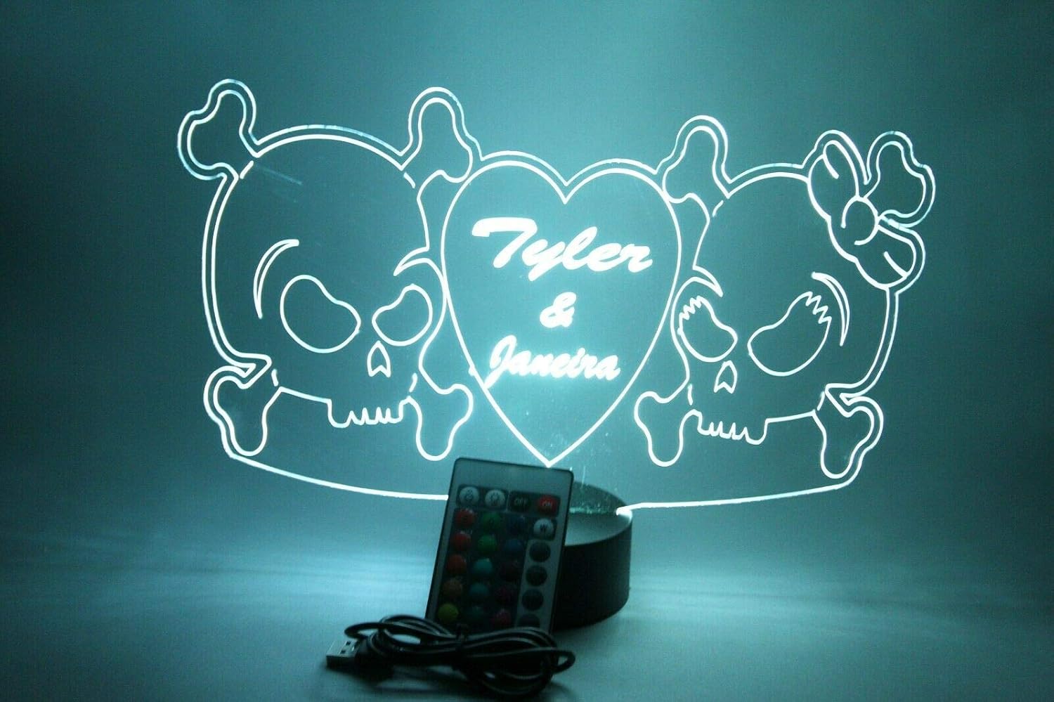 MIRROR MANIA Couple Skulls with Heart Night Light Up Table Desk Lamp LED Personalized Desk Engraved Skulls in Love - It's Wow, with Remote, 16 Color Options, Dimmer, Free Engraved, Great Gift