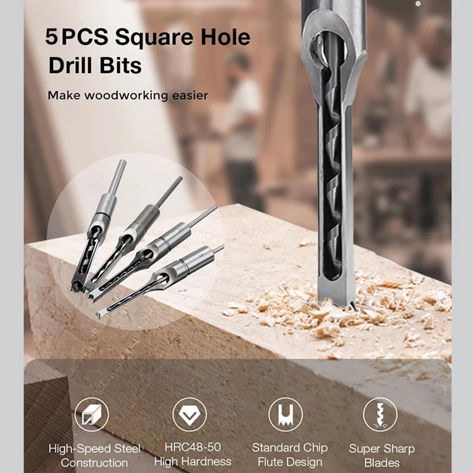 5PCS Hollow Chisel Mortise Drill Tool, Square Hole Drill Bit Tools Set - 1/4" 5/16" 3/8" 7/16" 1/2"