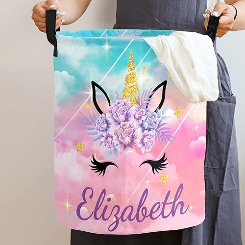 Miniatura 2 de Cesta de lavandería de unicornio impermeable, bonita cesta de lavandería con asas de cuerda, cesta de lavandería personalizada con nombre para niñas