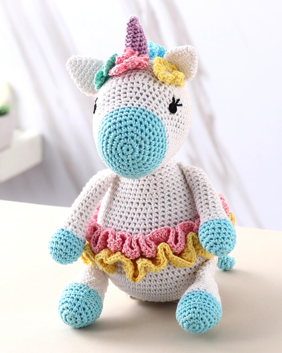 Bonfino Premium Crochet Unicorn Toy |Stuffed Toy for Kids | Cute Soft Toy Made with 100% Knitted Cotton | Best Birthday Gift for Boys & Girls | Pretend Play & Cuddle Toy for Babies (Blue & White) (B0CXJD125W) Amazon Price History, Amazon Price Tracker