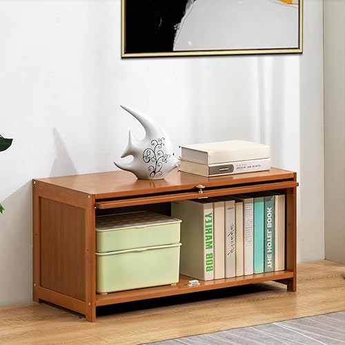 Miniatura 2 de Magshion Estantería de bambú marrón de 1 nivel con puertas abatibles, organizador independiente para el hogar u oficina, despensa, armario de