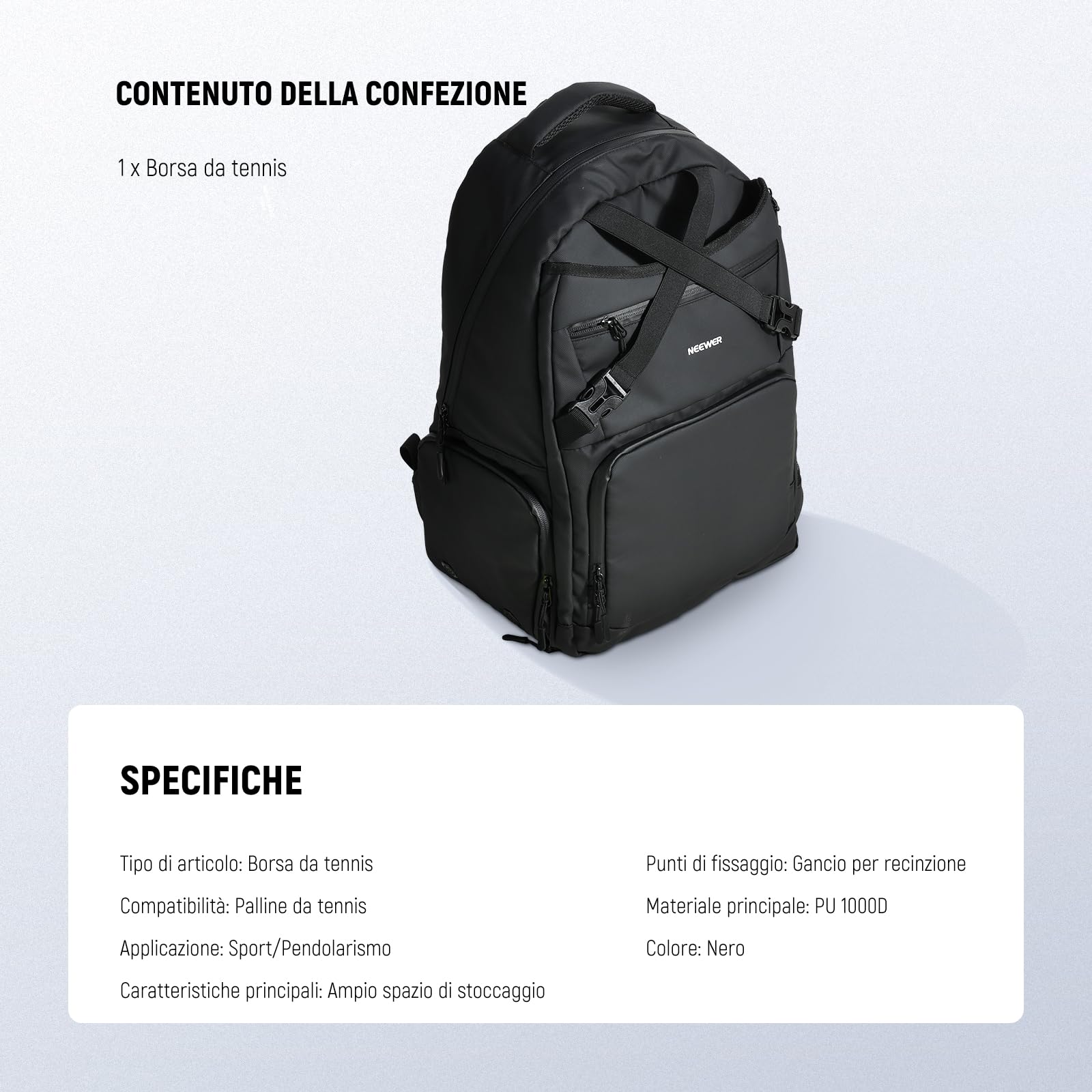 NEEWER Borsa Tennis per Uomo/Donna, Porta Fino a 2 Racchette, Zaino da Palline Tennis Pickleball in PU 1000D Impermeabile con Scomparto per Scarpe, Tasca Laterale, Tasche per Accessori, Gancio,TB02B