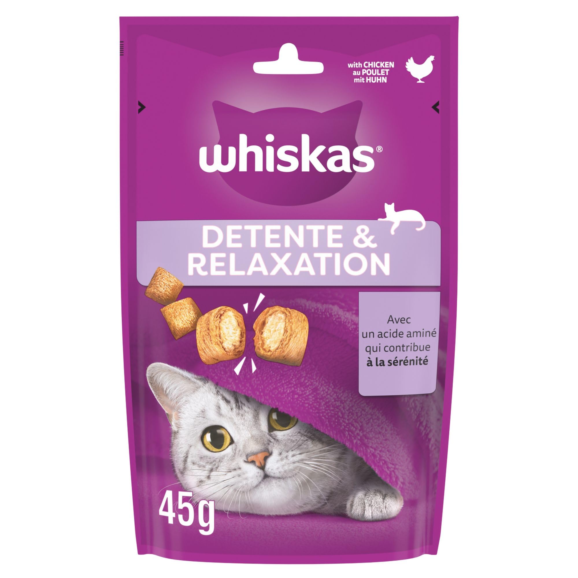 WHISKAS Relax Unwind Détente Relaxation - Friandises au Poulet Aliment complémentaire pour Chat Adulte - 8 Packs de 45g
