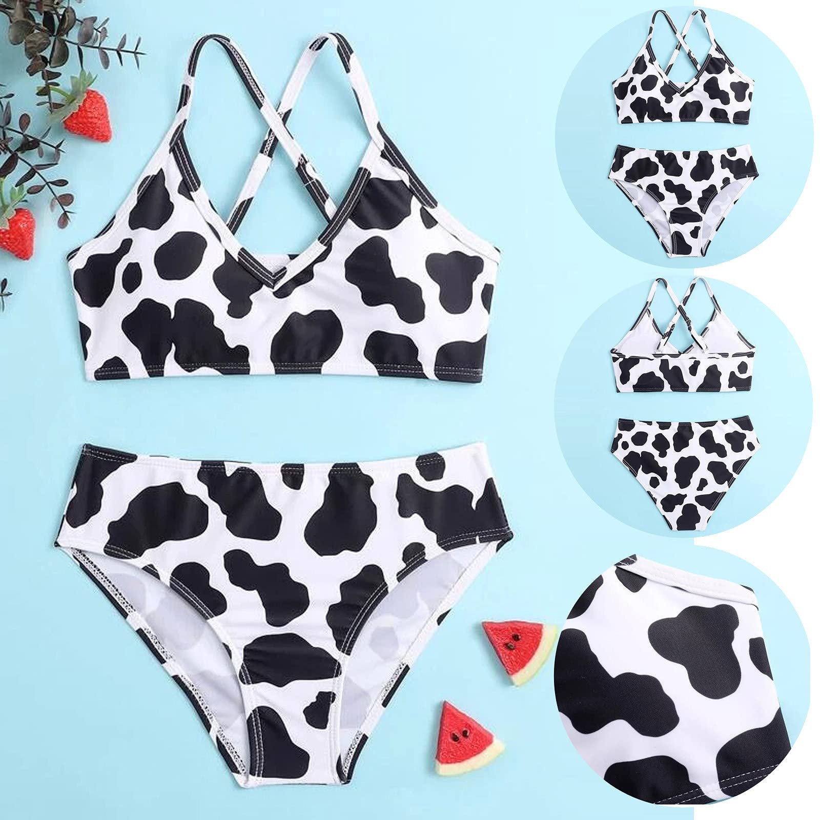Generisch Traje de baño tankini para niñas con estampado floral de verano cruzado a través de la parte posterior lindo estampado niña vaca traje de baño de dos piezas