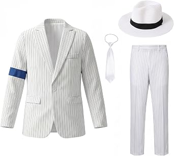 Boys Striped Blue Armband Suit 4pcs Set 80s 90s Dance Star Costume Role Play Birthday Halloween Party Cosplay Costumes