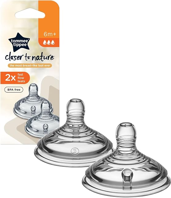 Tommee Tippee Closer to Nature Baby Bottle Teats, Breast-Like, Anti-Colic Valve, Soft Silicone, Fast Flow, 6m Plus, Pack of 2