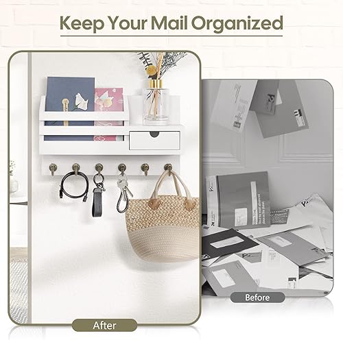 Miniatura 9 de FifthQuarter Soporte para llaves y correo para pared, organizador de correo con 6 ganchos y cajón de almacenamiento, estante de llaves de fácil