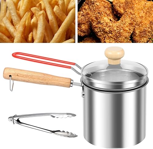 Miniatura 5 de Olla para freidora profunda con cesta coladora, olla de acero inoxidable de 5.12 x 4.92 pulgadas con tapa de asa, mini freidora de aceite portátil,
