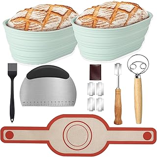 Sourdough Starter Kit-Banneton Bread Proofing Basket Baking Kit,2pcs 10 Inches Oval Silicone Sourdough Proving Banneton Basket Bread Making Accessories Kit with Bread Lame,Dough Scraper,Dough Whisk