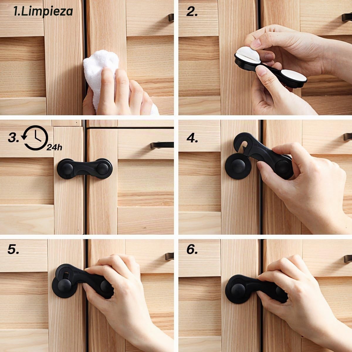 Juego de 10 cierres para puerta de bebé, para armarios, cajones, para niños, para cajones, versión actualizada para muebles, cocina, adhesivo fuerte, sin taladrar (negro)