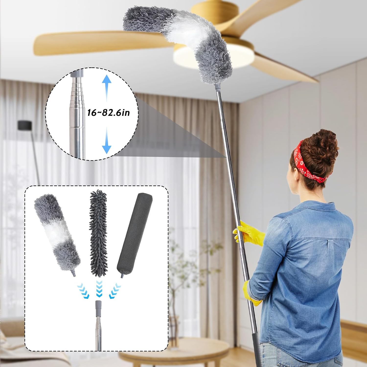 Ceiling Fan Cleaner Duster,Extendable High Duster with 2m Retractable Pole and Washable Microfiber Heads, Ideal for Home and Commercial Cleaning in Hard-to-Reach Areas (6)