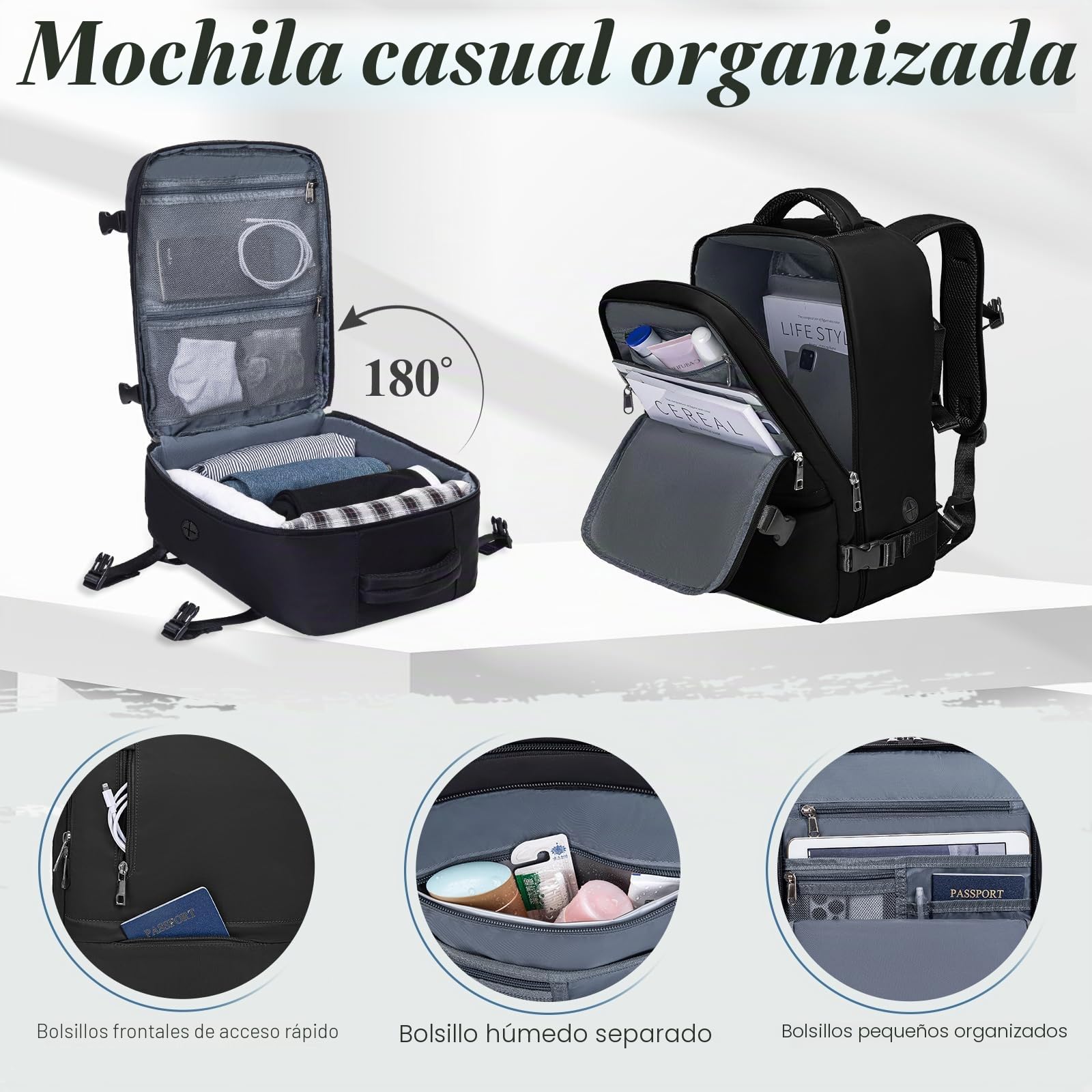 VMIKIV Mochila 40x30x20 para Ryanair 24L Mochila Viaje Cabina Avion 40x20x25 con Bolsillo Antirrobo Maleta 40x30x20 Equipaje de Mano Travel Backpack Hombre Mujer, Negro