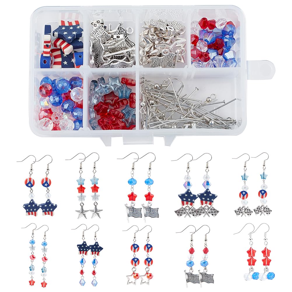 SUNNYCLUE 1 Box DIY 10 Pairs American Flag Charms USA Patriotic Red Blue Beads Dangle Earrings Making Kit 4th of July Independence Day Charm for Jewelry Making Starter Kits Craft Projects Instruction