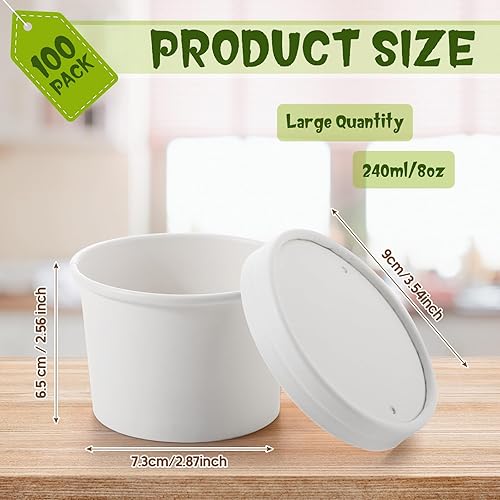 Miniatura 8 de Fulmoon Paquete de 100 recipientes de papel de 8 onzas con tapas, recipientes de papel desechables para alimentos con tapas ventiladas, recipientes