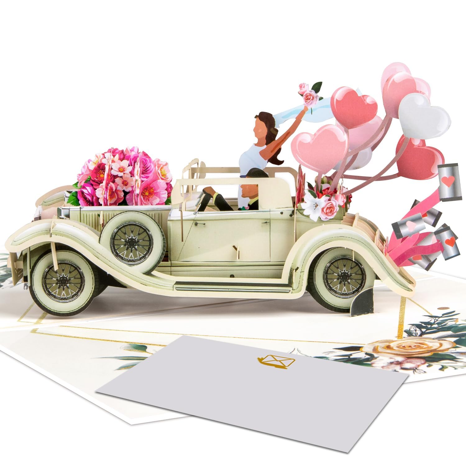 Just married 3D pop-up wedding card, vintage car with floral watercolor cover, romantic greeting card for bride and groom, engagement, bridal shower, newlyweds, wedding congratulations