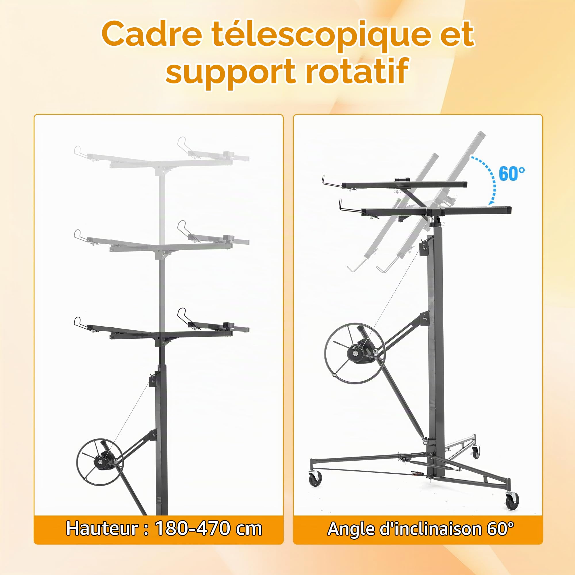 Lève Plaque Manuel 68 kg Monte Plaque à Crémaillère, Hauteur Réglable 140-350 cm, Inclinaison 60°, Chariot de Levage Pliable pour Placo Plafonds, Roues Freinées Mobil et sécurisé