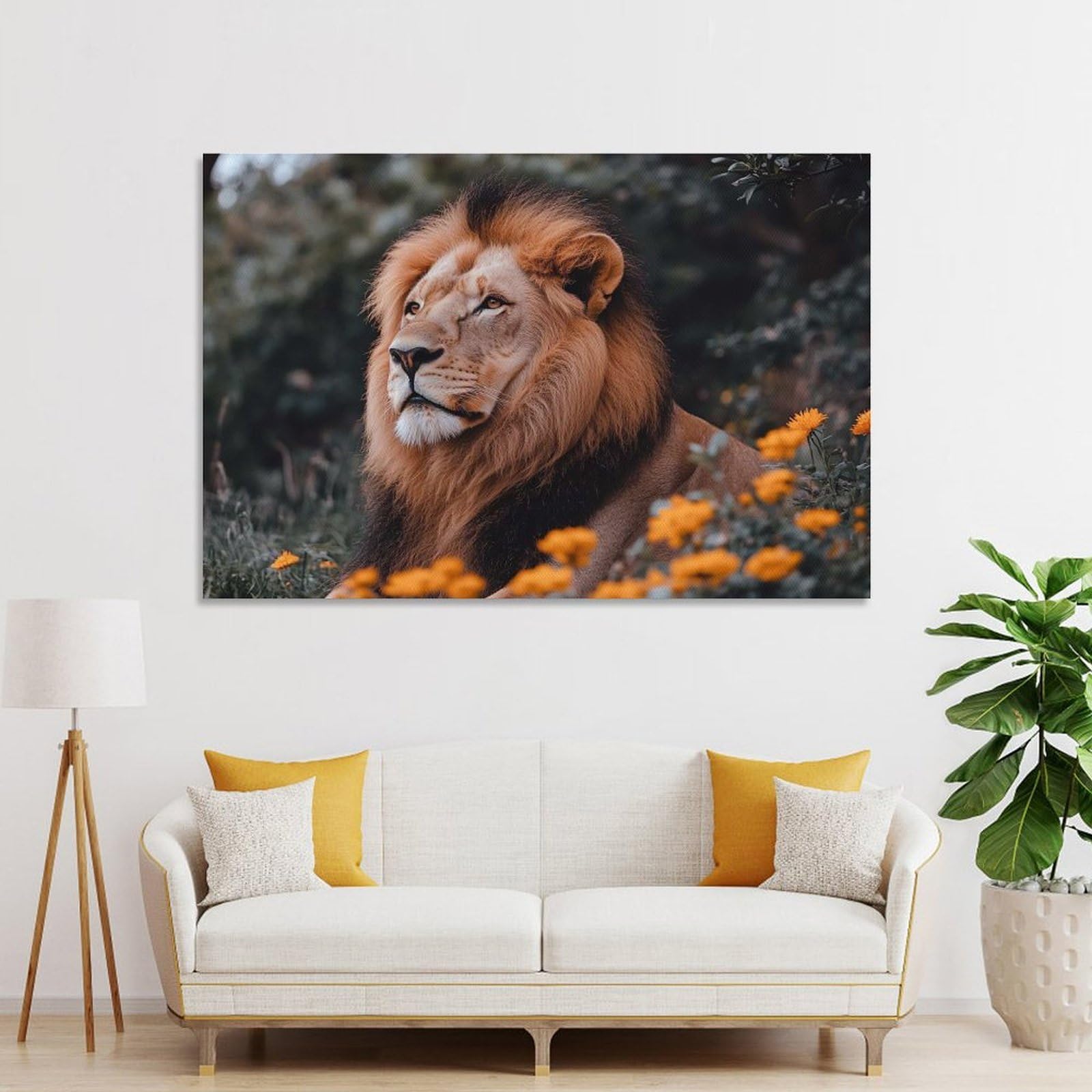 Junmoney Majestic Lion Portrait in Floral Setting Decorative Wall Artwork, 20x30inch(50x75cm), for Work Areas, Reading Rooms Or Studios, Wall Art That Adds Style to Work Areas